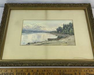 Antique c. 1900 D. Griggs Finger Lakes, NY Beached Skiff Shoreline Landscape Watercolor Painting FRAMED