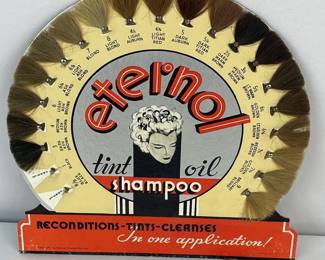 RARE Vintage 1940's Eternol Tint Oil Shampoo Cardboard Advertising Store Display Sign w/ Hair Samples