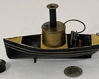 Antique c. 1880 Ives Mfg. Co. Hand Painted Black with Gold Trim Live Steam Powered Tin Steam Boat w/ Fire Pot WORKS