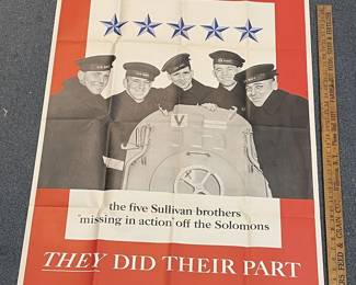 Original Vintage 1943 WWII The Five Sullivan Brothers They Did Their Part One Sheet Poster