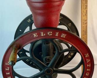 Antique c.1900 Elgin National Coffee Mill Cast Iron Double Wheel Store Countertop Coffee Grinder w/ Eagle Finial