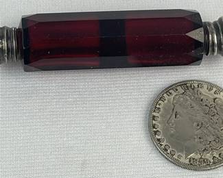 Antique c. 1900 Red Cut Glass Double Sided Scent Bottle w/ Sterling Caps
