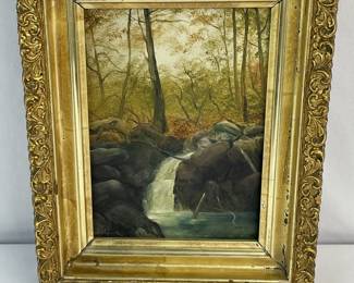 Francis Marion Tuttle (American, b.1839, d.1910) Geneva N.Y. Waterfall and Stream Landscape Oil on Board Painting FRAMED