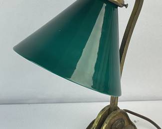 Antique c. 1915 Solid Brass Adjustable Gooseneck Desk Lamp w/ Green Glass Shade WORKS