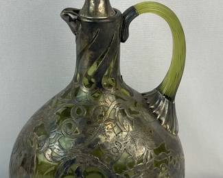 Antique c. 1900 Art Nouveau Gorham Mfg. Co. Sterling Silver Floral and Grapes Overlay Green Glass Decanter w/ Stopper