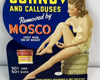 Vintage 1939 MOSCO Company "Corns and Callouses Removed by Mosco" Cardboard Advertising Easel Back Store Display Sign NOS