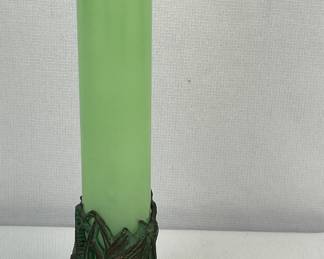 Antique Art Nouveau Green Glass Vase & Cast Iron Base w/ Flying Mallard Ducks