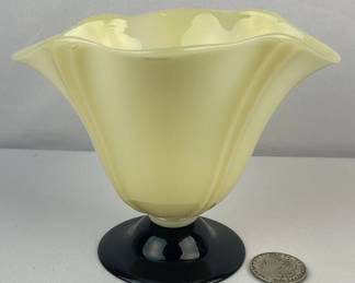 Antique c. 1930 Carder Steuben #7307 Art Glass Grotesque Ivory Two Line Pillar Black Footed Vase