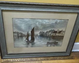 Antique 1916 E. Outhwaite Signed Boats Sailing Through The City's Harbor Large 24" x 16" Watercolor Painting FRAMED