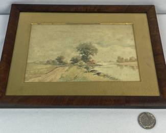 Antique c. 1890 Artist Signed Outlet with Stream Landscape Watercolor Painting by Banks FRAMED