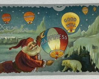 Antique c. 1905 Santa Flying Lanterns w/ Polar Bear "X-Mas Greetings" Embossed Postcard