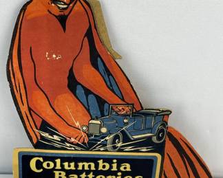 RARE Antique 1921 Devil Starting a Car "Columbia Batteries For Ford Starting" Die-Cut Cardboard Advertising Easel Back Store Counter Display Sign NOS