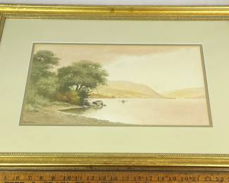 F.D. Crandall (American, 1859-1921) Canandaigua Lake, NY Bare Hill & Shoreline Landscape w/ Canoe Watercolor Painting FRAMED