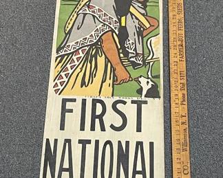 Vintage 2 Mile To First National Bank Waterloo, NY Native American Hand Painted Metal Mile Marker Street Sign c. 1930