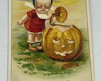Antique 1914 Young Child Taking The Top Off of a Jack-O-Lantern "Hallowe'en Night" Embossed Postcard by John Winsch UNUSED