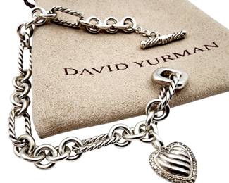 David Yurman Sterling Diamond Cable Heart Charm Bracelet