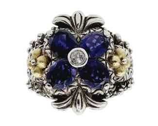 Barbara Bixby 18k Gold Sterling Iolite White Topaz Flower Ring Sz 9