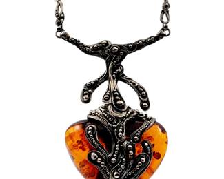 Incredible Vintage Sterling Brutalist Amber Necklace