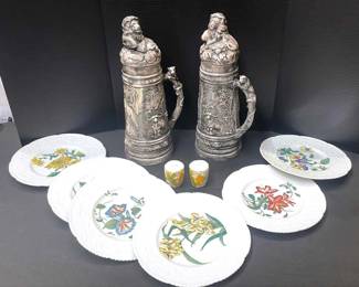 Holland Mold Ceramic Lion Beer Steins 6 Royal Cauldron Haywood England Floral Plates
