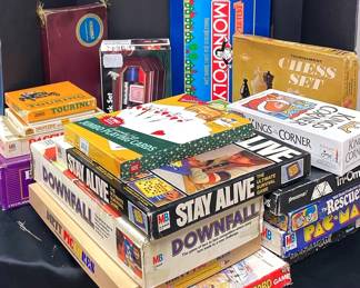 Assortment Of Vintage Board Games Poker Desk Set Monopoly, Scrabble, PACMan And More