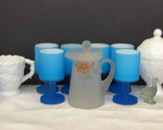 Vintage Kitchen 1960s Carlo Moretti Goblets, Shirley Temple Cobalt Blue Depression Glass Pitcher, W