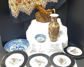 Vtg Ceramic Horse Lamp,4 Woodmere Bird Dinner Plates,Vtg Kikyo Plates,Vtg Chinese Vase, Table Cloth