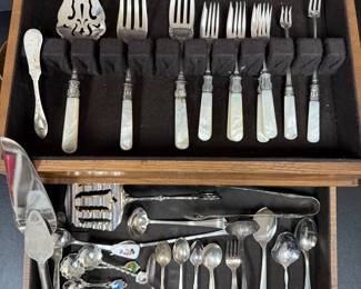 Sterling Collar Pearl Handled Plated Flatware, Sterling Butter knife, and Assorted Silver Plated 