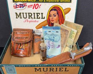 Dominican Republic Cigarette Lighter Holder with Belt Loop, Knife Leather Sheath, Match Holder, Curr