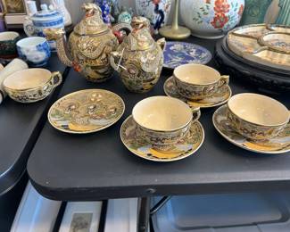 Antique - Vintage Japanese Satsuma Tea Set -  Dragonware with "Moriage" Gold Rimmed "Immortal" 12 pcs ( teapot, double handle sugar bowl, 4 cups, 4 saucers ) also known as "kyo-yaki" or Kyoto Satsuma. Circa begins in the 1880's in the region of Kyoto Japan