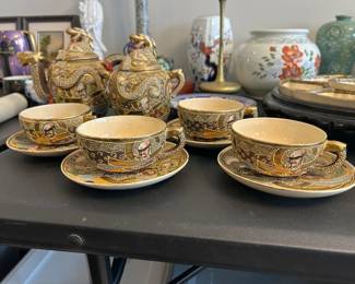 Antique - Vintage Japanese Satsuma Tea Set -  Dragonware with "Moriage" Gold Rimmed "Immortal" 12 pcs ( teapot, double handle sugar bowl, 4 cups, 4 saucers ) also known as "kyo-yaki" or Kyoto Satsuma. Circa begins in the 1880's in the region of Kyoto Japan