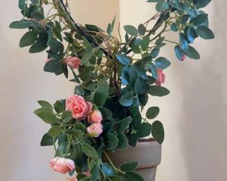 16 Tall Faux Rose Plant In Pot With Wood Holder