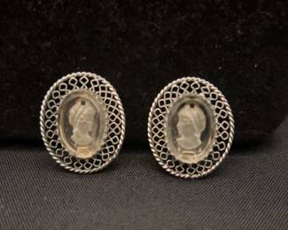 1960s Whiting Davis Silver Tone Clear Glass Cameo Intaglio Clip Earrings