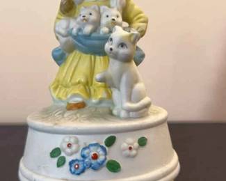 Porcelain Girl with Cats Kittens Vintage Music Box