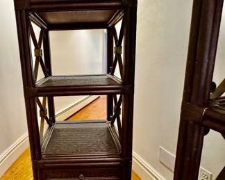 2- tall narrow bookcases with iron accents