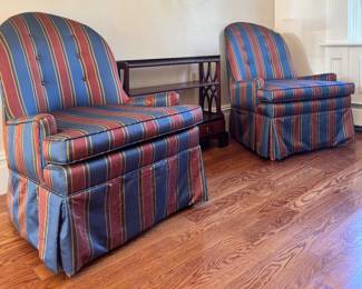 Striped upholstered chairs with button accents