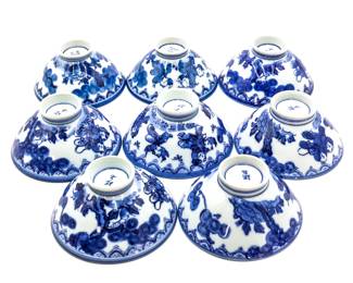 Set of 8 Blue & White Sometsuke Footed Porcelain Rice Bowls