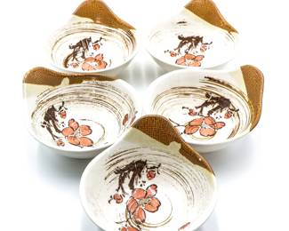 Set of 5 Stoneware Bowls w/Pink Flowers
