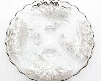Glass Swirl Footed Dish w/Floral Silver Overlay