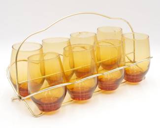 Set of 8 Amber Glass Tumblers with Gold Tone Metal Caddy