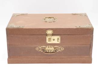 Ornate Dark Wood and Polished Brass Locking 3-Tiered Jewelry Box