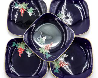 1960s Koransha Arita Imari Ruri Cobalt Porcelain Dishes w/Grape Motif (Set of 5)