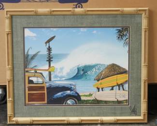 Framed Artprint "Break Time Retro Woodie on Beach Big Wave Surfer" Westmoreland
