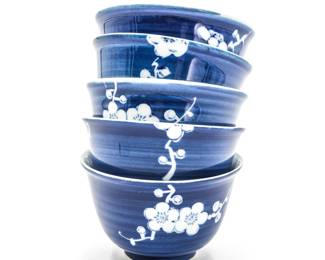 Set of 5 Rice Bowls Blue w/White Flowers