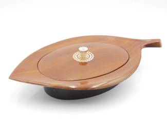 Asian-Style Faux Wood Plastic Leaf Dish with Lid