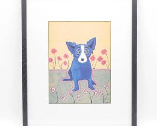 1995 "Blue Dog With Pink And Yellow Flowers" Lithograph by George Rodrigue