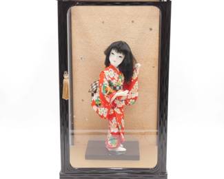 Small Handmade Japanese Geisha Doll in Glass Display Case