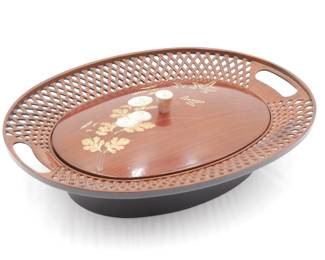 Vintage Japanese Mid-Century Plastic Floral Faux Wood Grain Trinket Lidded Bowl