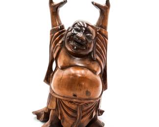 Carved Wood Laughing Buddha Sculpture