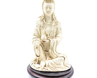 Off-White Guanyin Resin Sculpture w/Wood Base