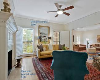 Peacock and brown chairs and mirror